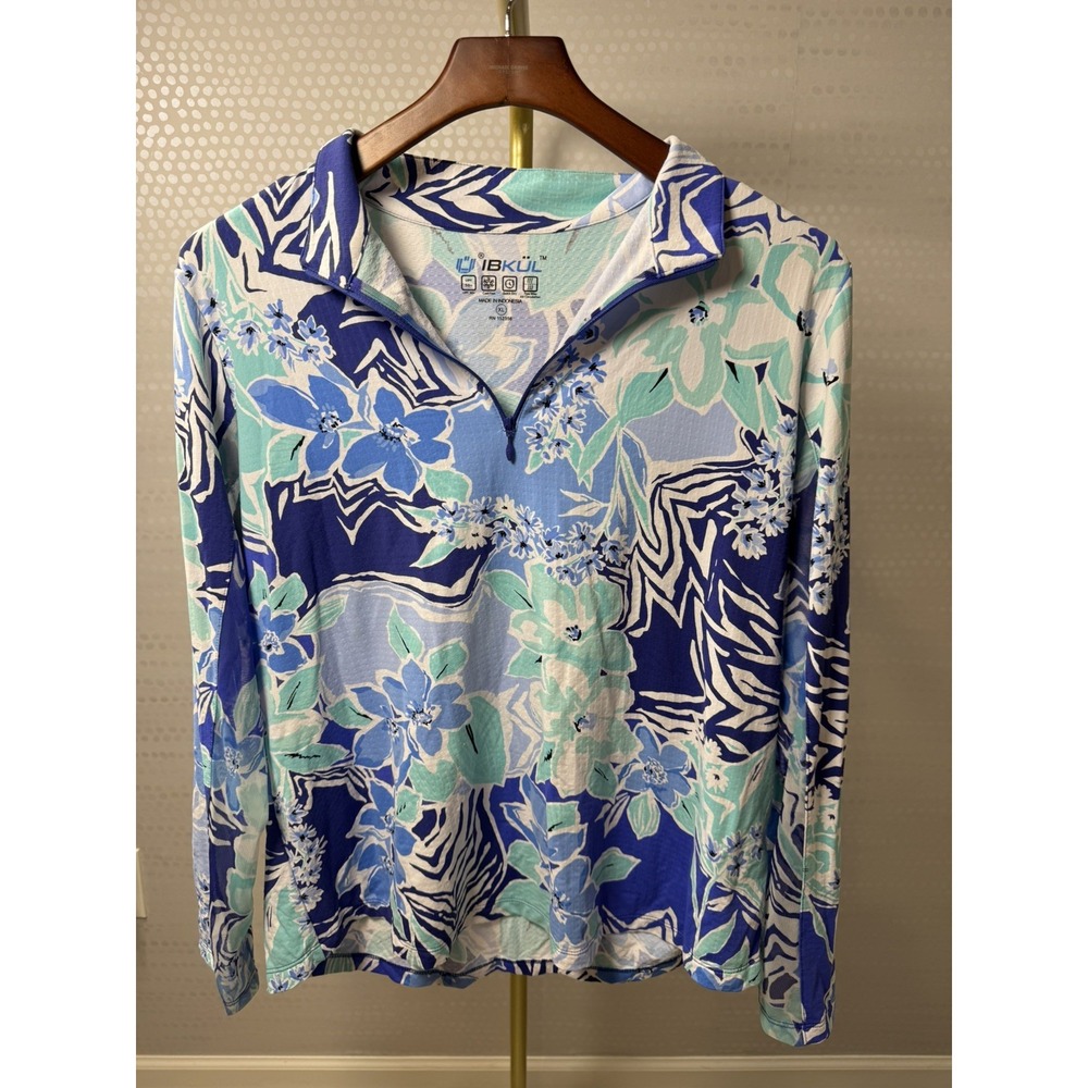 IBKUL Women's XL Floral Print Long Sleeve 1/4 Zip UPF 50+ Golf Tennis Top Blue